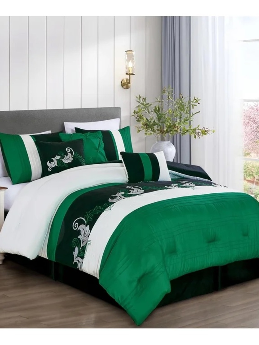 Green and White Floral Stripe 3 piece queen Comforter Set
